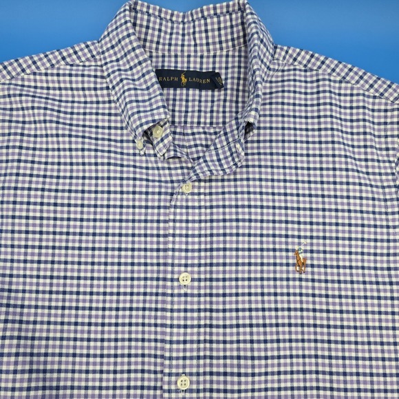 Ralph‎ Lauren PURPLE/BLUE/WHITE Tattersall Plaid Shirt Men's L Polo Pony EUC - Picture 1 of 10